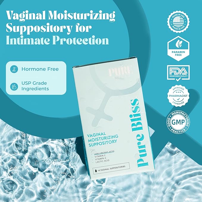 PURE WOMAN - Pure Bliss - Vaginal Moisturizing Suppositories - Hyaluronic Acid Vitamin E Vitamin A Lactic Acid - Supports Vaginal Moisturization - Long Lasting Comfort &amp Sensitivity Relief - 10