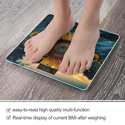 The Most Beautiful Sunflower Scale for Body Weight Anti-Slip Tempered Glass Digital Bathroom Scales Clear LCD Display Weighing Scale Safe Rounded Corners Smart Scales