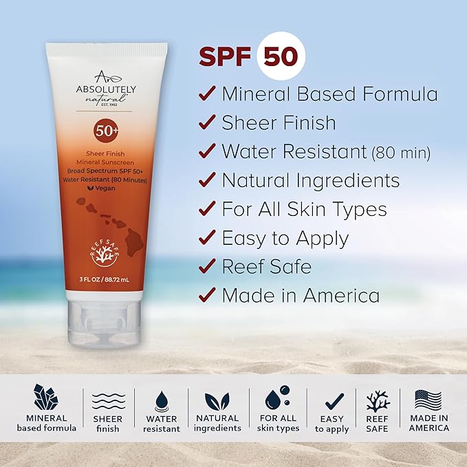 Absolutely Natural SPF 50+ Mineral Sunscreen Lotion - Anti-Aging Sunblock for Body &amp Face Made with Rose Hips Aloe Zinc Oxide and Other Cruelty Free and Reef Safe Ingredients - Made in USA