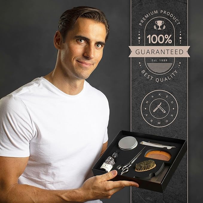 Shavette Straight Razor Kit - Kit with Shavette Straight Razor Hemp Pre-Shave Oil Stainless Steel Scissors Skin &amp Aftershave Balm Bamboo Beard &amp Mustache Comb &amp Brush Grooming Care Ki