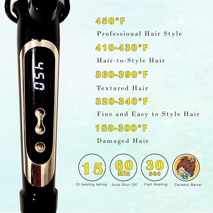 abp 1.25 Inch Curling Iron Extra Long Barrel with Ceramic Coating for Long/Medium Hair1 1/4 INCH LCD Display Instant Heat up to 450°F with clampHair Style Tool Girls &amp Women