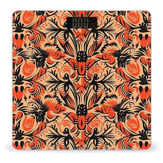 Orange Folk Pattern Scale for Body Weight Anti-Slip Digital Bathroom Scale Sturdy Toughened Glass Weighing Scales High Precision Safe Rounded Corners Smart Scales