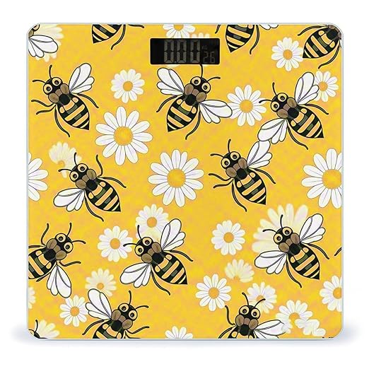 Bee Daisy Pattern Bathroom Scale for Body Weight LCD Display Digital Bathroom Scale Tempered Glass Bathroom Weight Scales Fashion Smart Scales for Home Bedroom 400 Lb
