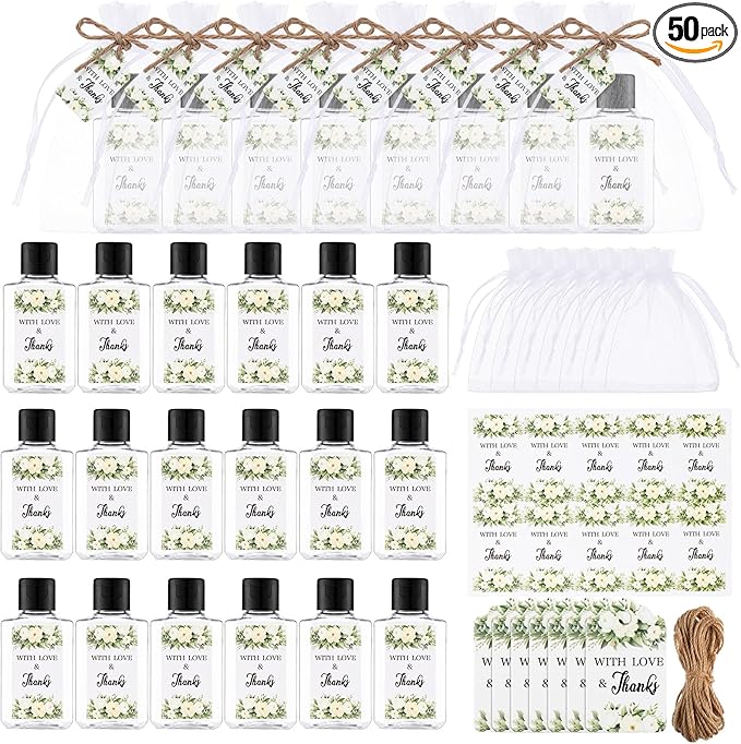 50 Sets Mini Hand Sanitizer Bottles Bulk 2oz Empty Christmas Hand Sanitizer Travel Size Wedding Favors for Guests with Organza Bags Thank You Tags for Woman Employees(Flower Green)