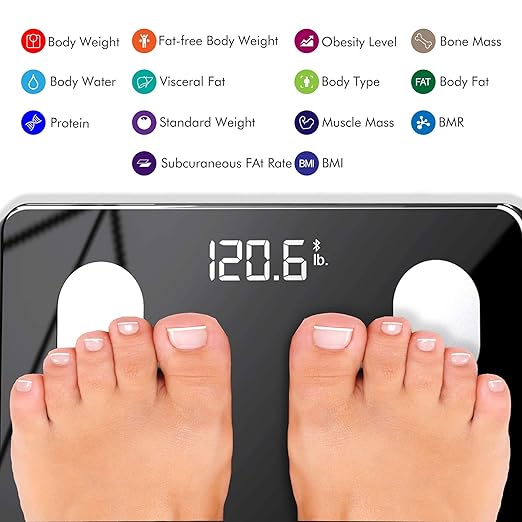 KONQUEST Smart Scale for Body Weight Digital Bathroom Scale BMI Weighing Bluetooth Body Fat Scale Body Composition Monitor Health Analyzer with Smartphone App 400 lbs - Black