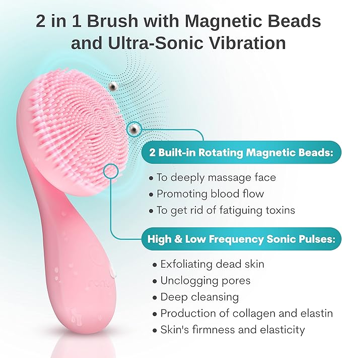 Silicon Facial Cleansing Brush - Electric Rechargeable Waterproof IPX7 - Rotating Magnetic Beads - 4 Function Modes - Face Massage for Deep Cleaning - Magnetic Charging Base - Ergonomic Handle