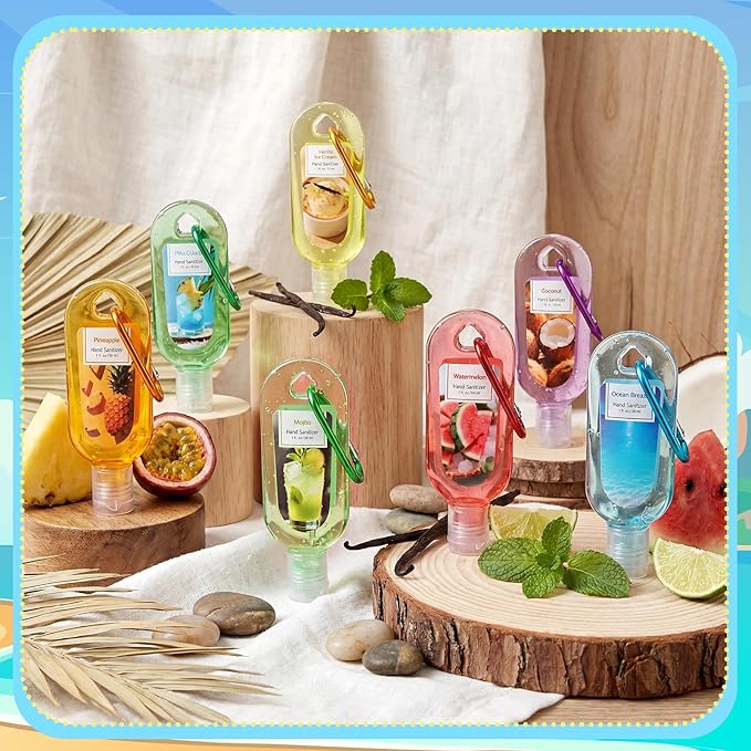 24 Pack Summer Scented Hand Sanitizers Keychain Gift Mini Travel Size Hand Sanitizer Gel Bulk 1 oz Sanitizer Keychain Gift Set Summer Graduation Party Favors Goodie Bag