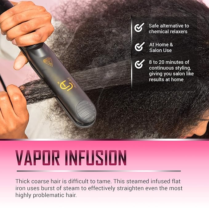 Le Angelique Professional Steam Hair Straightener - 2-in-1 Flat Iron Steamer - Silk Press Results - Works on Thick Coarse Hair | Home &amp Salon Use | Ceramic Tourmaline Plates - Steam and Temp Contr