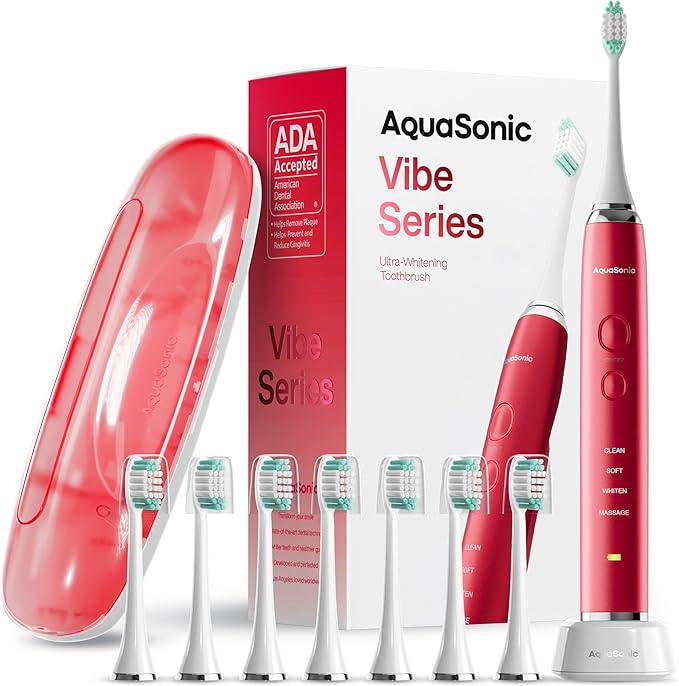 Aquasonic Vibe Series Ultra-Whitening Toothbrush – ADA Accepted Electric Toothbrush - 8 Brush Heads &amp Travel Case – 40000 VPM Motor &amp Wireless Charging - 4 Modes w Smart Timer – Ruby