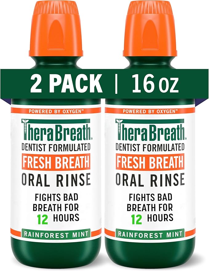 TheraBreath Fresh Breath Mouthwash 2-Packs Rainforest Mint &amp ICY Mint Flavors Alcohol-Free 16 Fl Oz