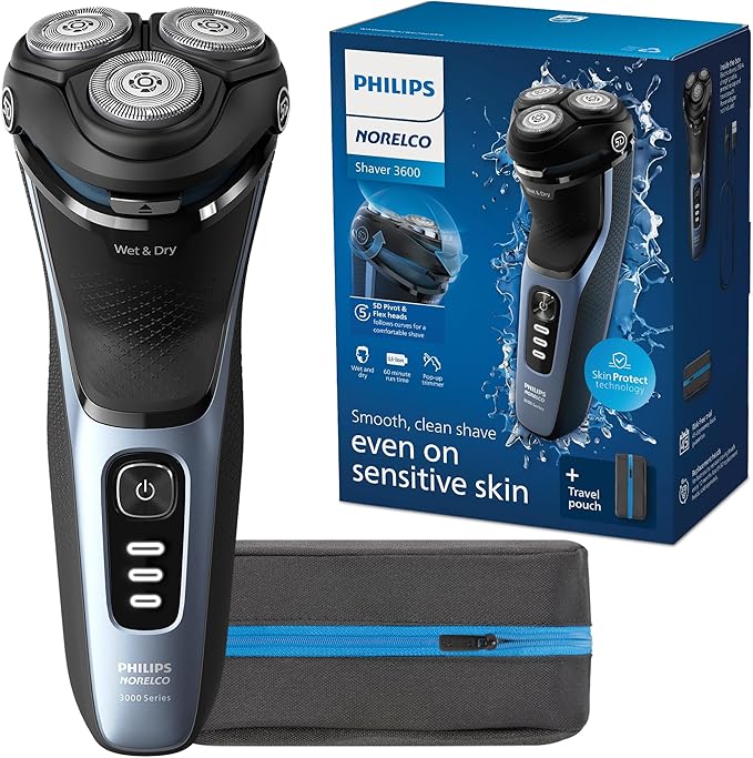 Philips Norelco Shaver 3600 Series Wet and Dry Electric Shaver P-Cap Travel Pouch Storm Blue Model S3243/91
