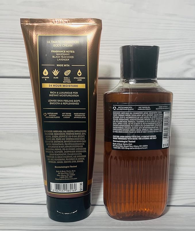 Bath &amp Body Works Mahogany Teakwood Men's 3-in-1 Hair Face &amp Body Wash and Body Cream 2 Piece Set