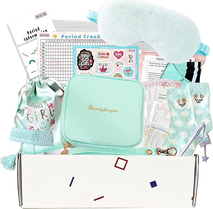 First Period kit for Girls | 22 PC Period Packs for Young Girls First Time | First Period Gift for Teen Girls with Sanitary Pad Storage Bag Wipes Bracelet Eye Mask Socks and More(Mint)