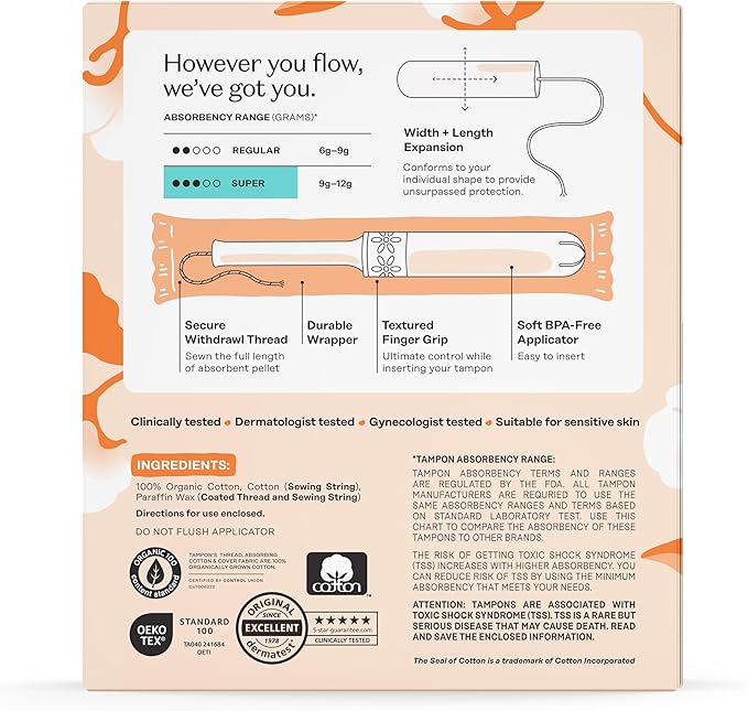 The Honey Pot Company - Super Absorbency - 100% Organic Cotton Core Tampons w/Bio Plastic Applicator - Feminine Care – Unscented - 54 Count (3 Packs of 18)