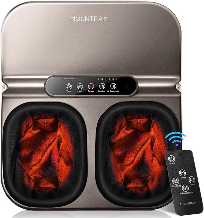 MOUNTRAX Foot Massager Machine with Heat Foot Massager for Plantar Fasciitis Neuropathy Pain Shiatsu Foot Massager with Remote Fits Feet Up to Men Size 12 (Gray)