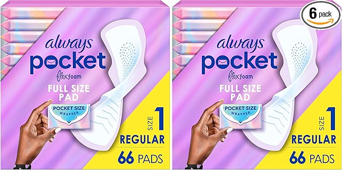 Always Pocket Feminine Pads with FlexFoamSize 1Regularwith WingsUnscented66 Count (Pack of 2)