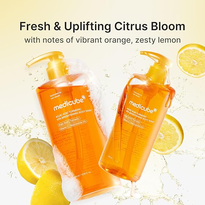 medicube Kojic Acid Body Wash &amp Glow Spray Duo: Kojic Acid Turmeric Brightening Body Wash and Turmeric Vitamin Gold Jelly Mist Serum | 2-Step Cleanse &amp Spray for Glowing Body Post-Shower Rout