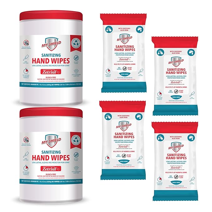 Sanitizing Hand Wipes - Alcohol-Free Long-Lasting Antimicrobial Protection. Kills 99.9% of Germs. Infused with Aloe Vera (Two 80-Count Four 20-Count) FDA Registered