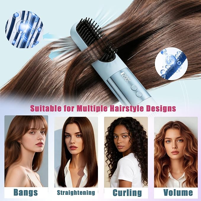 Cordless Hair Straightener Brush-Portable Mini Straightening Comb Rechargeable Battery Powered for Travel - Cool curl Airflow Styler- 30s Fast Heating -LCD Display