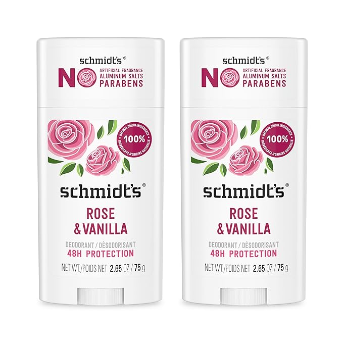 Schmidt's Aluminum-Free Vegan Deodorant Rose &amp Vanilla 2 Count and Clean Coconut 2.65 oz Each 24 Hour Odor Protection
