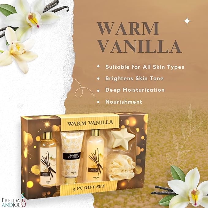 Fragrance Bath &amp Body Collection Gift Box Includes Shower Gel Body Lotion Body Scrub Bath Bomb &amp Sponge (Warm Vanilla 2.0) – Mother's Day Gift for Mom