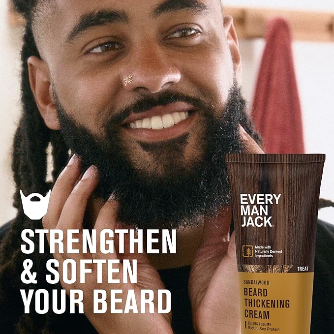 Every Man Jack Beard Thickening Cream - Strengthens Thickens Nourishes Beard - Light Sandalwood Scent - Made with Naturally Derived Ingredients like Biotin Vitamin B6 Soy Protein - 2.8oz - 2 Pack