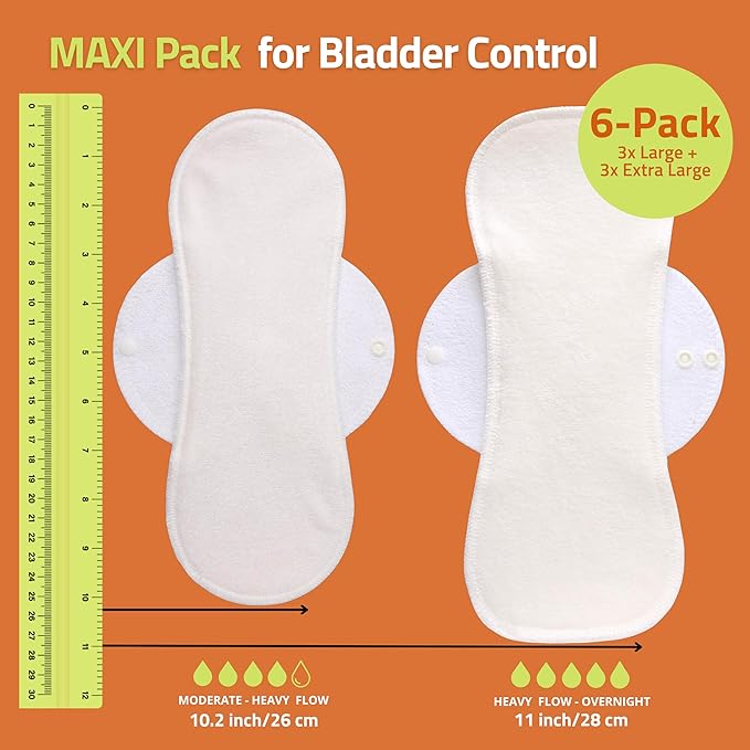 Non-Slip Reusable Incontinence Pads for Bladder Control (L+XL 6-Pack) High Temp Washable Organic Cotton Cloth Pads with Quick Absorption &amp Odor Control Soft &amp Non-Irritating for Sensitive S