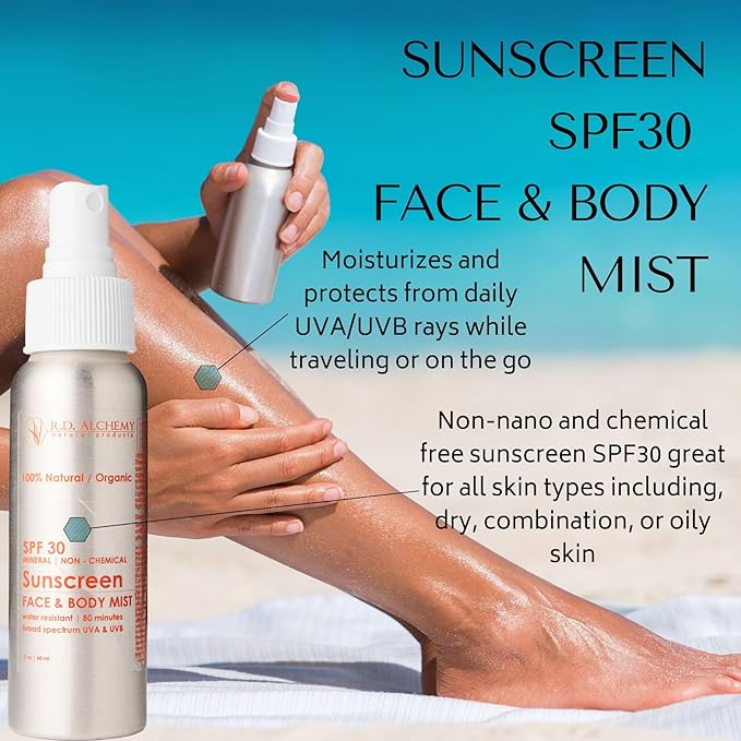 RD Alchemy - 100% Natural &amp Organic Sunscreen SPF30 Face and Body Mist - Travel Sized Non-Nano Chemical free Reef Safe Broad Spectrum UVA and UVB protection