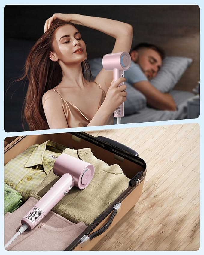 Hair Dryer zhiyangfei Negative Ion Blow Dryer 110 000 RPM Brushless Motor 3 Heat Settings 360° Rotating Magnetic Nozzle High-Speed Low Noise Hair Dryer for Home and Trave (Pink)