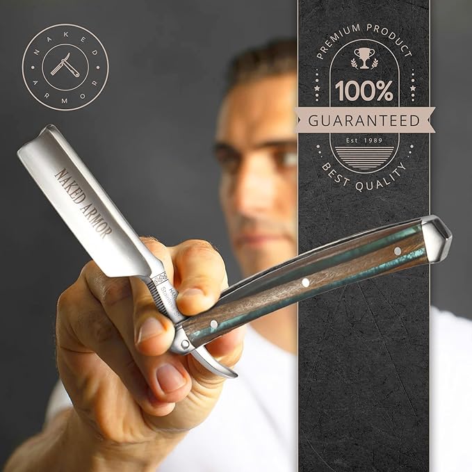 Naked Armor Safir Straight Razor for Men — Shave Ready 7/8 Barber's Notch Japanese Stainless Steel Straight Edge Razor Sandalwood Scale Beard Shaping Leather Case &amp Gift Box Included