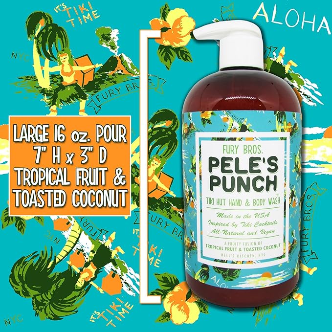 FURY BROS. Tiki Hut Hand &amp Body Wash Pele’s Punch | Tropical Fruit &amp Toasted Coconut | Natural Ingredients | Made in USA | Inspired by Tiki Cocktail Recipes | Cruelty-Free | 16 oz