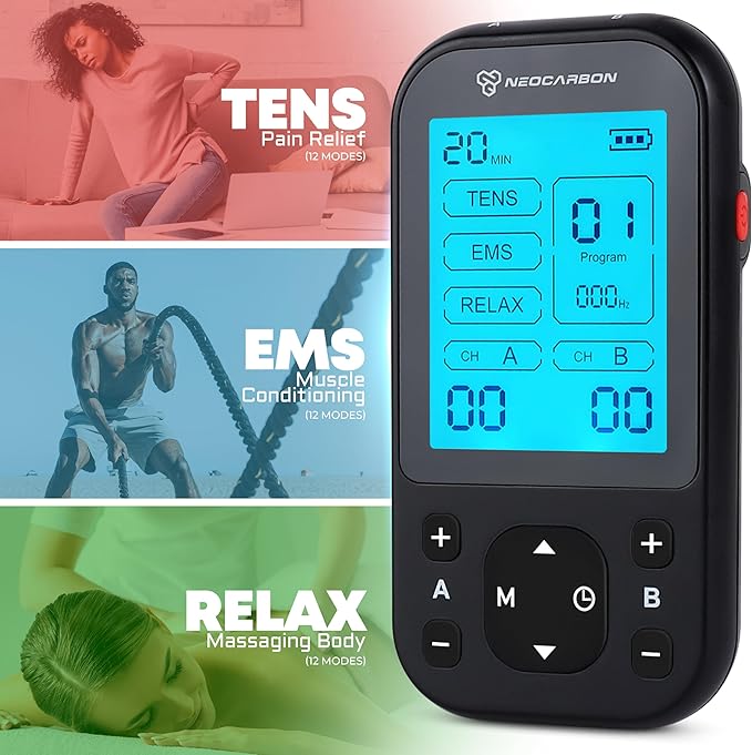 Neocarbon TENS Unit Muscle Stimulator Pro for Back Pain Relief Shoulder Recovery and Physical Therapy Electronic EMS Massager Machine with PMS Pulse for Effective Shock Therapy Black