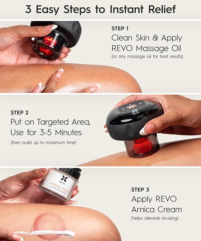REVO The Original 4-in-1 Smart Cupping Therapy Massager Red Light Therapy for Targeted Pain Relief Knots Aches Muscle Soreness Circulation &amp Tighter Skin Portable Electric Massager- 2 Pack