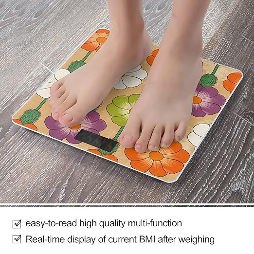 Colorful Vintage Flowers Smart Scale for Body Weight Digital Bathroom Scale Toughened Glass Weight Scale with Large LCD Backlight Display High Precision Scales Weighing Machine