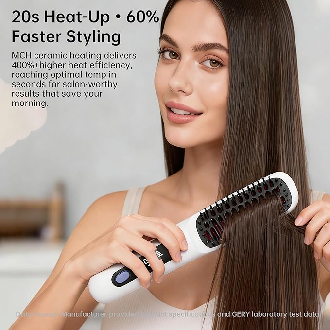 GERY Wireless Hair Straightener Brush Cordless Negative Ion 3 Temp Settings (160℃/180℃/200℃) MCH Fast Heating 4X Longer Battery LED Display Portable for Travel &amp Home (White)