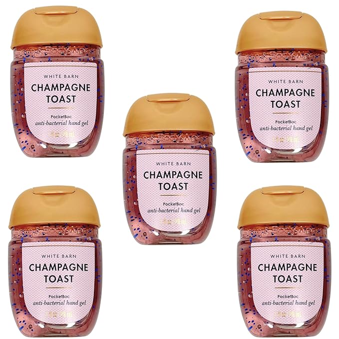 Bath and Body Care - Travel Size Sanitizer - 5 piece Bundle Set Hand Gel - 1 Fl Oz each - (Champagne Toast)