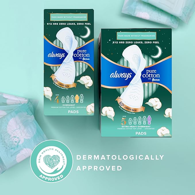 Always Pure Cotton Feminine Pads for Women FlexFoam Pads with Wings Size 4 Overnight Absorbency Unscented 60 Count (3 Packs of 20)