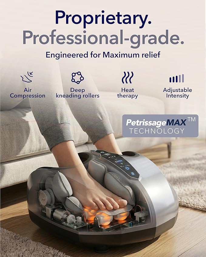 MIKO Foot Massager Machine - Deep Kneading Shiatsu Air Compression and Heat Therapy - Plantar Fasciitis Diabetics Neuropathy Fits Up to Men Size 12