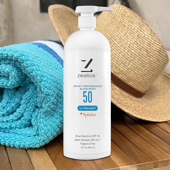 Zealios Sport Performance Ultralight SPF 50 Sunscreen +Hydration 32 oz Bottle Plus 2 oz Travel Bottle Broad Spectrum Water &amp Sweat Resistant (80 min) Non-Greasy for Swimming Running &amp Cyc