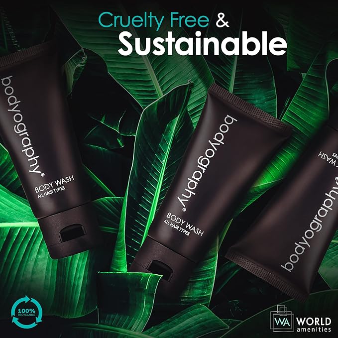 World Amenities - Bodyography - Bulk Body Wash | 50 Count 1.4oz | Lavender Peppermint Mini Travel Size Toiletries (100% Recyclable Tube with Flip Top Cap) Hotel Amenities.