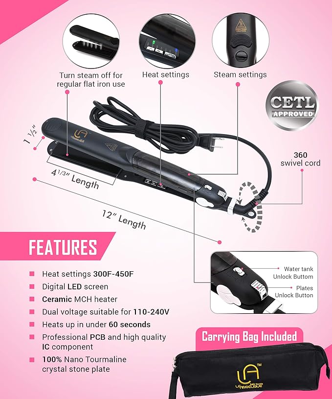 Le Angelique Professional Steam Hair Straightener - 2-in-1 Flat Iron Steamer - Silk Press Results - Works on Thick Coarse Hair | Home &amp Salon Use | Ceramic Tourmaline Plates - Steam and Temp Contr