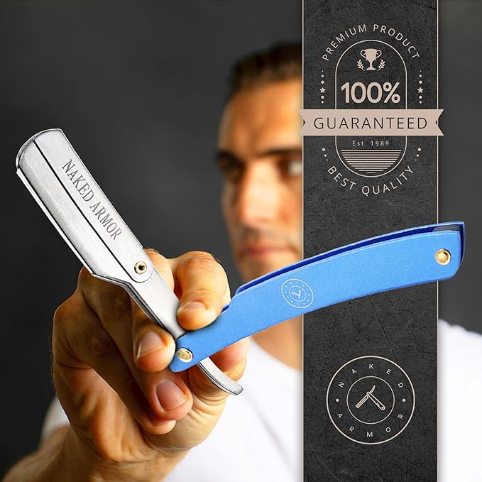 Best Shavette Straight Razor - Replaceable Blade Straight Razor Metal Handle Shavette No Stropping or Honing Needed Great For Beginners Starter Blade Hygienic Close Shave Leather Case (Blue)