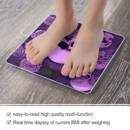 Purple Skulls and Roses Digital Bathroom Scale for Body Weight with High Precision Digital Weighing Scale with BMI Clear LCD Display and Step-On Measures Weight Up to 180kg