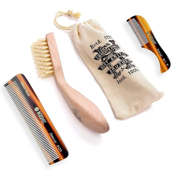 Kent Beard &amp Mustache Grooming Kit Includes BRD2 White Boar Bristle Beard Brush 81T Handmade Sawcut Comb and FOT Fine Tooth Beard Comb for Men’s Care
