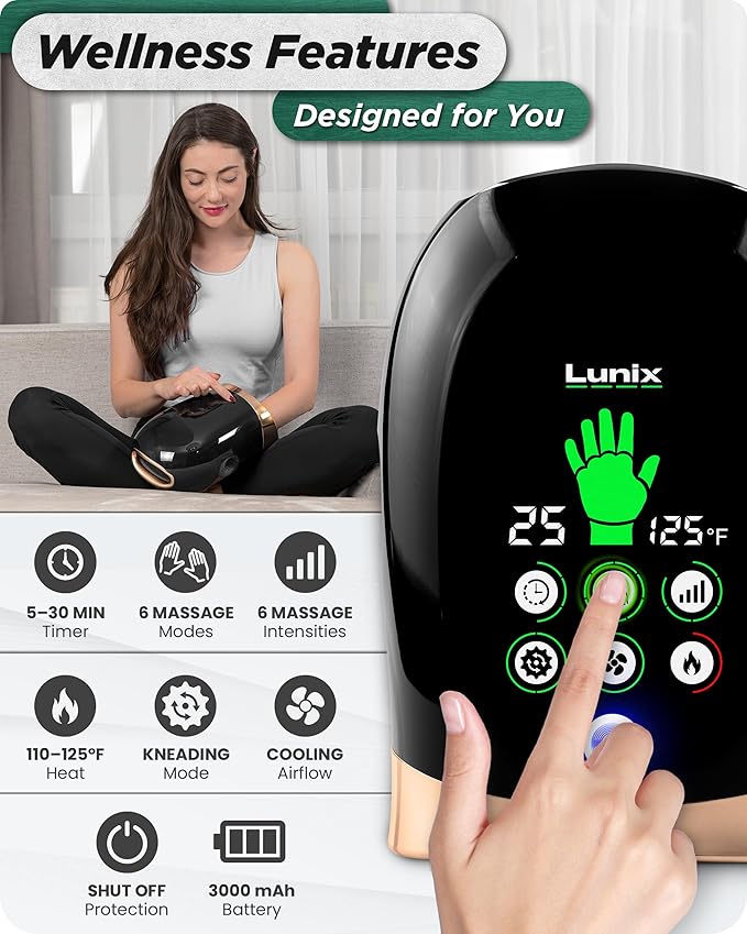 Lunix LX30 Rolling Hand Massager Kneading + Compression Heat + Cooling Fan Finger &amp Wrist Pain Relief Cordless Rechargeable Charcoal Black
