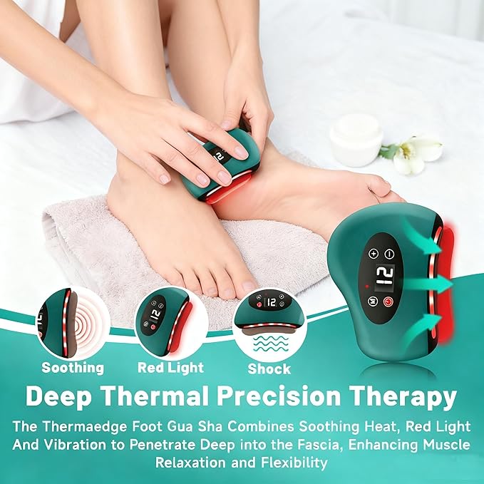 Thermaedge Plantar Fasciitis ThermaEdge Foot Scraper 12 Massage Levels and 12 Heat Levels Red Light Heated Gua Sha Device for Plantar Fasciitis 4-in-1 Vibration Device for Muscle Care (Green)
