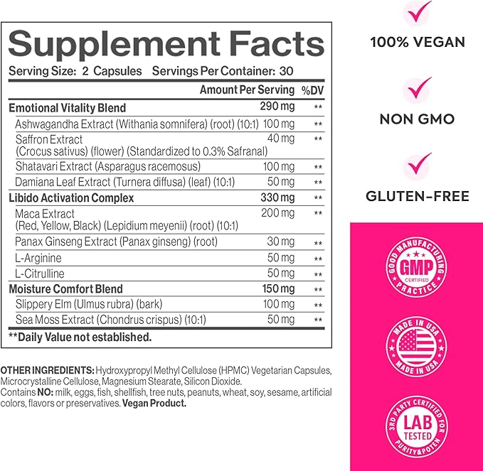 Vaginal Moisture &amp Libido Booster for Women - Stress Relief Hormone Balance Desire &amp Mood - Ashwagandha Sea Moss Maca Root Saffron Slippery Elm Ginseng Shatavari Damiana 60CT