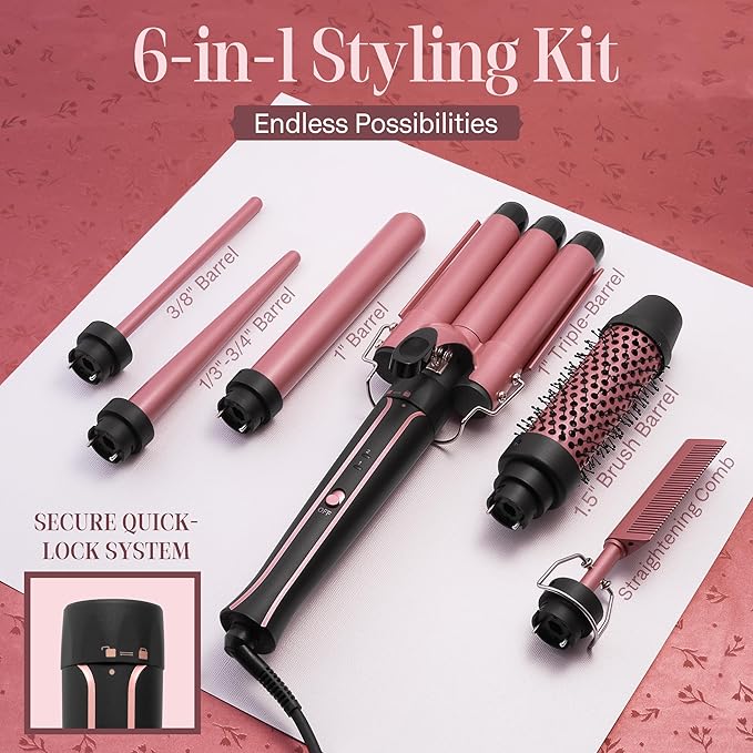 Asani Curling Iron Wand Set 6-in-1 - Beachwaver Hair Curler with 3 Barrel Hair Crimper Tapered Spiral Curling Iron - Fast Heating Travel Hot Styling Tools for Women with Dual Voltage (110-240V AC)