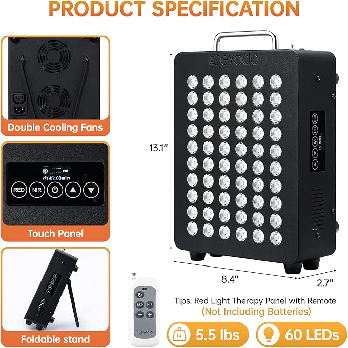 Red Light Therapy for Body 4 Chip Infrared Light Therapy Panel with Near-Infrared Light 630nm 660nm 850nm 940nm 138W High Power 60 LED Red Infrared Light Device Includes Hanging Kit &amp HandleBl