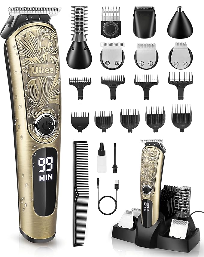 Ufree Gifts for Men Beard Trimmer with Charging Stand IPX7 Waterproof Electric Razor Shavers for Men Clippers for Hair Cutting Mens Grooming Kit for Mustache Nose Facial Body